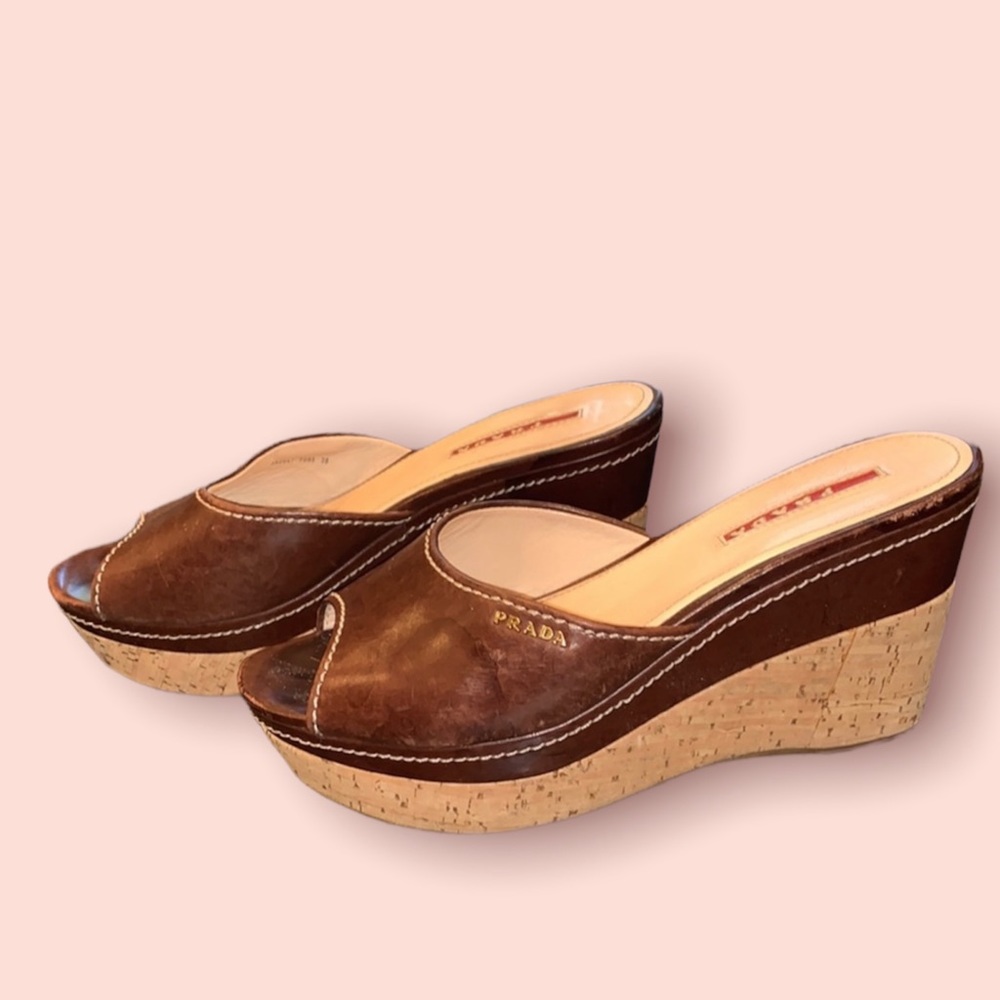 Prada Brown Tan Wedge Sandals with Peep-Toe - Picture 4 of 4